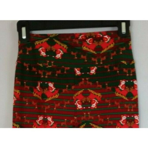 New LuLaRoe One Size Leggings Red & Green With Reindeer Pulling Santa's Sleigh - Picture 3 of 6